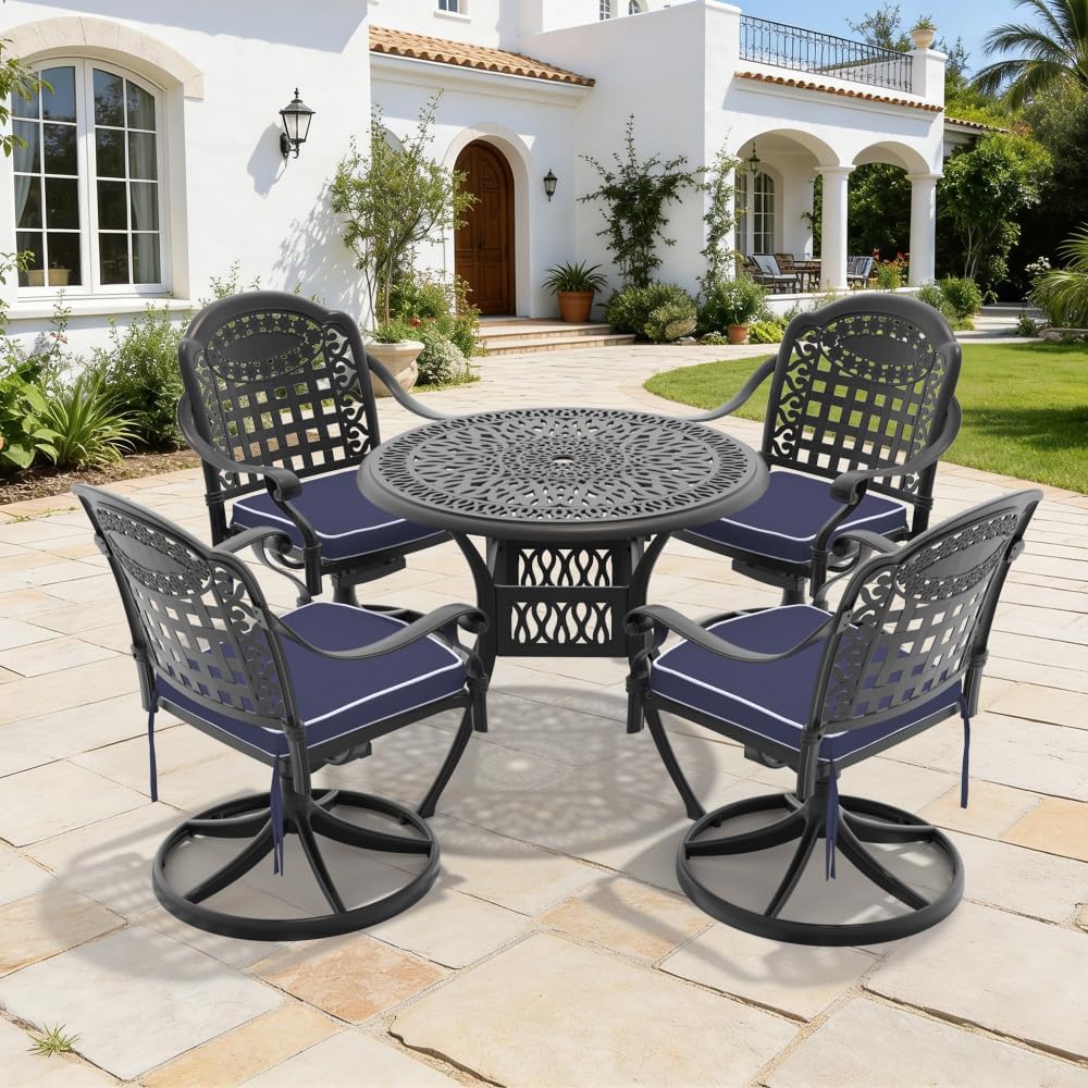5-Piece Cast Aluminum Patio Dining Set with 4 Swivel Chairs and 35.4-Inch Round Table, All-Weather Outdoor Furniture with Black Frame and Seat Cushions