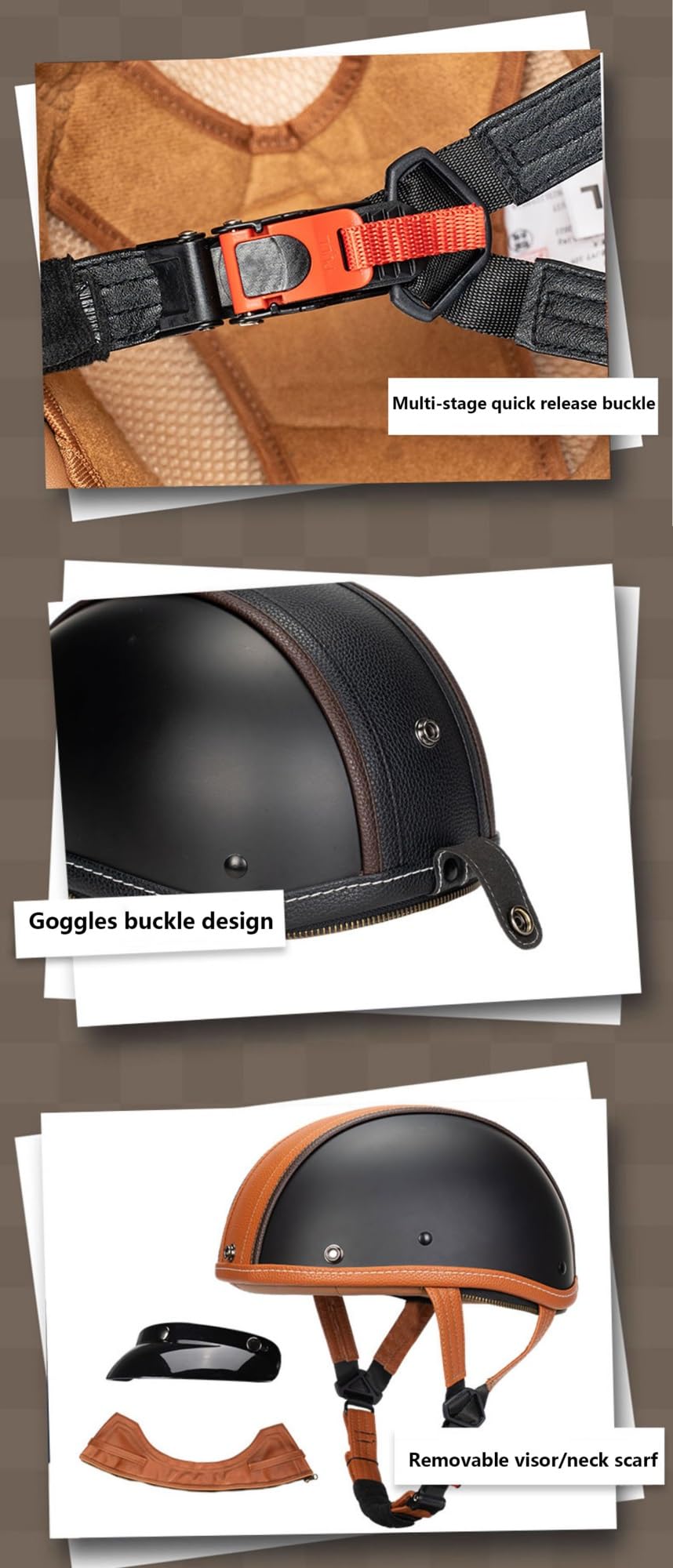 Retro Casque Demi Jet Cuir Casque Jet Vintage, Casque Moto Scooter, Casque Bol Homologué ECEDOT Casque De Protection for Hommes Et Femmes, Casque De Cyclomoteur avec Lunettes(1,M=57~58cm)