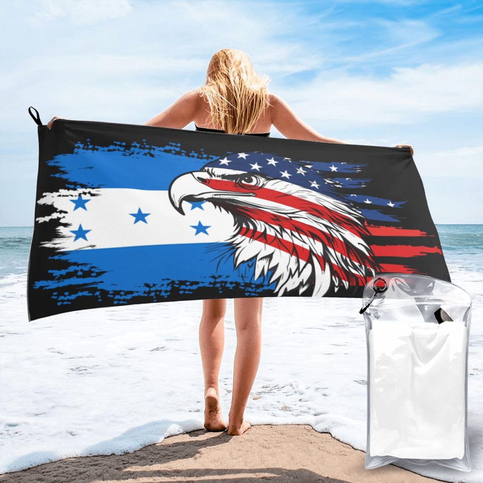 HACXZ America Flag and Honduras Flag Microfiber Beach Towel Lightweight Absorbent Travel Pool for Men Women 31.5"X63"