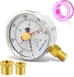0~300Psi Stainless Steel 1/4" NPT 2.5" FACE DIAL with Reset Pointer Liquid Filled Pressure Gauge WOG Water Oil Gas, Lower Mount, with 1/8" x 1/4" NPT and 1/8" x 3/8" NPT Hex Bushing