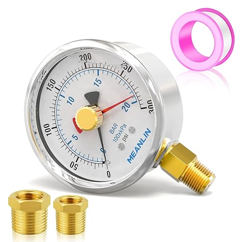 MEANLIN MEASURE 0  300 psi, esfera de acero inoxidable de 14 de pulgada NPT de 2.5 pulgadas con puntero de reinicio relleno de líquido, manómetro