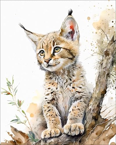 7Dots Art. Animales de bebé con un árbol. Impresión artística de acuarela, sala de juegos y baño. Decoración de arte de pared. Sin marco. (lince