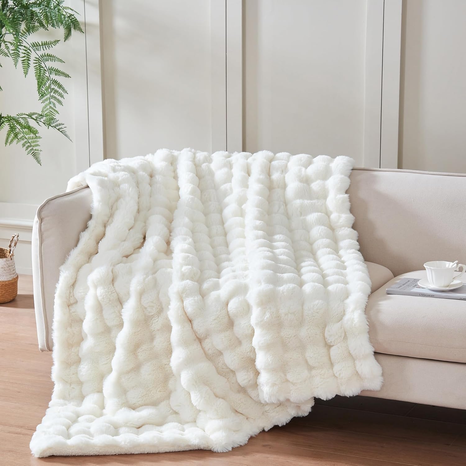 60x80 Inches Ultra-Soft Fuzzy Faux Fur Plush Twin Size Blanket - Thick, Warm Sherpa for Couch, Sofa, Bedroom, Camping - Decorative Blanket for Cozy Warmth, Bubble Ivory White - Image 2