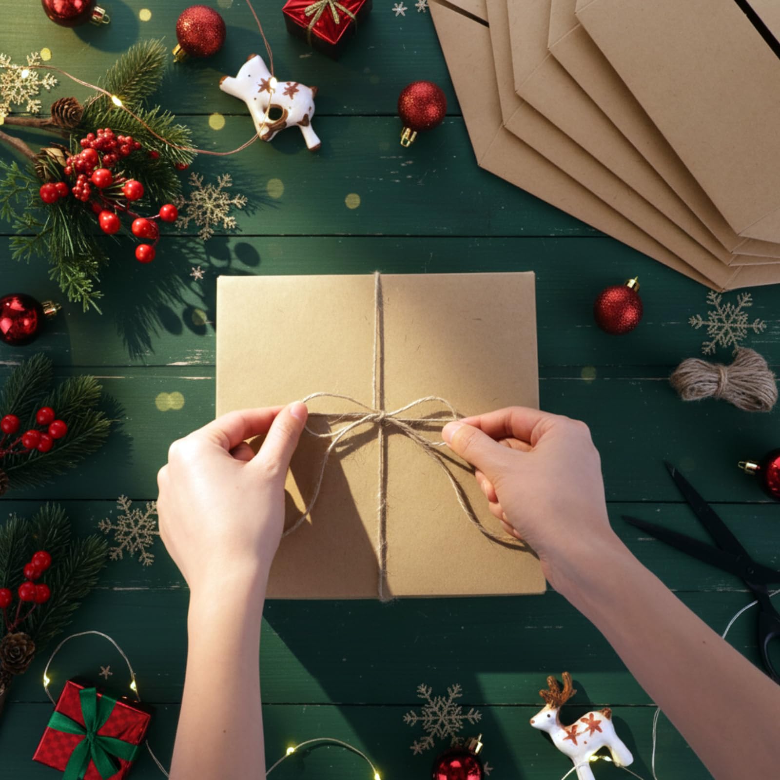 Cholemy Set di 12 scatole regalo di Natale con coperchio, 12 scatole regalo di carta da 20 x 20 x 10 cm, 12 plettri in pino artificiale e 1 rotolo di corda per compleanni, matrimoni, regali