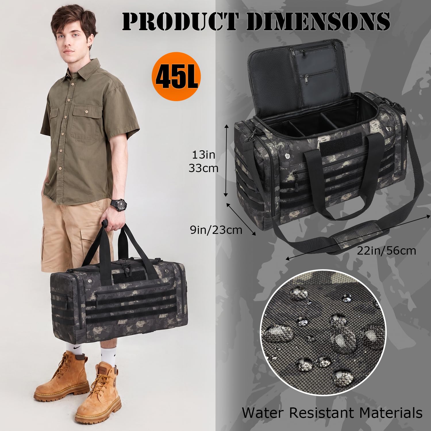Bolsa de gimnasio de 45 litros para hombres y mujeres, bolsa táctica militar para viajes, fin de semana, gimnasio, entrenamiento, bolsa deportiva grande para hockey, fútbol, béisbol, fútbol y