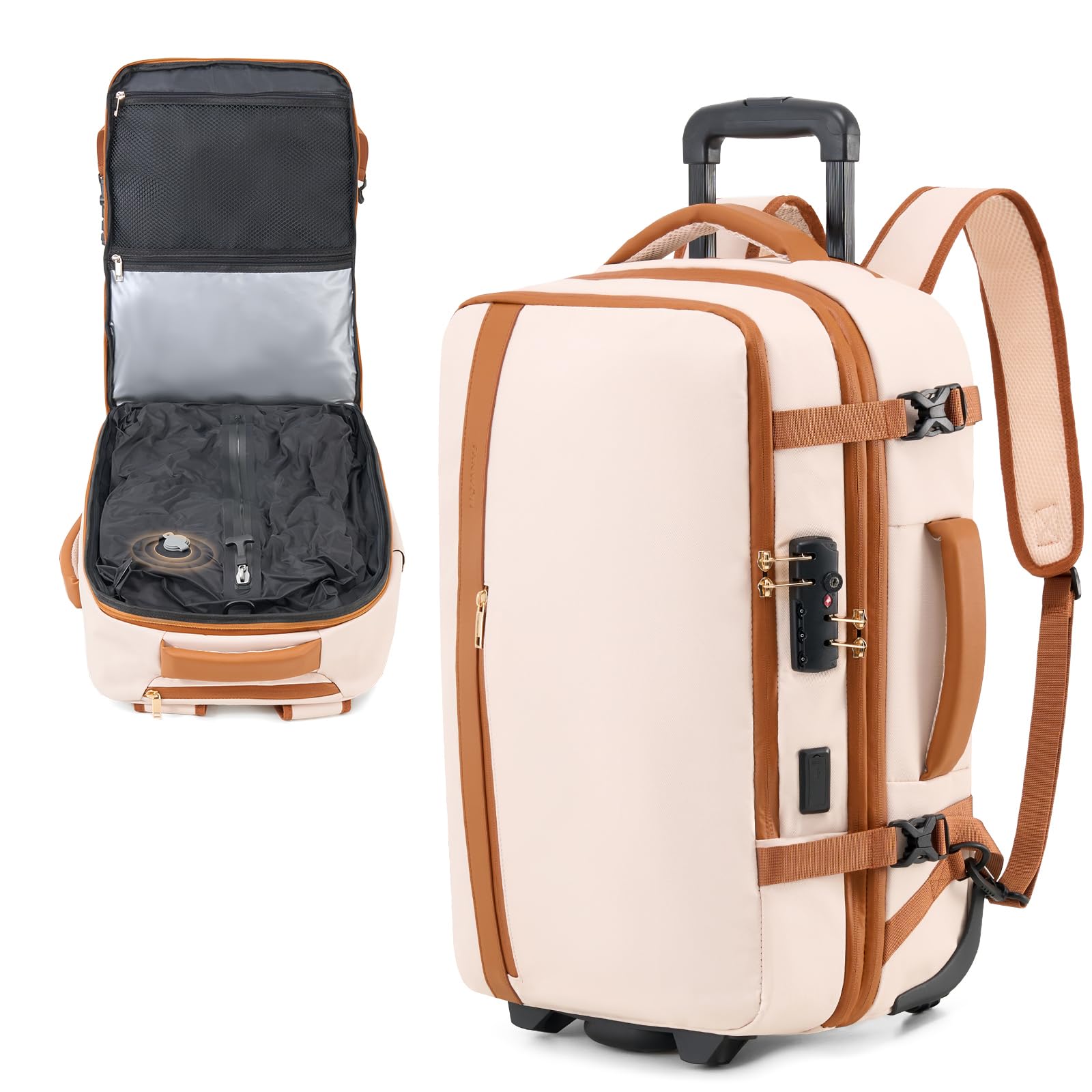 Fanwoli Rolling Vacuum Backpack Travel with One-Button Compression, Expandable Carry-On Suitcase Luggage, Approved TSA Lock & Water-Proof Laptop Compartment for Outdoor/Family/Business Trips