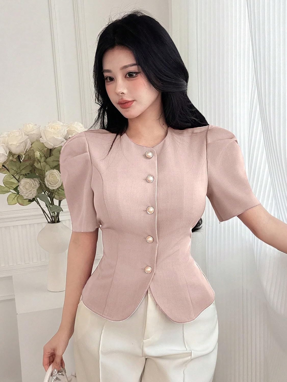 Women's Fashion Tops Elegant Round Neck Puff Sleeve Tops