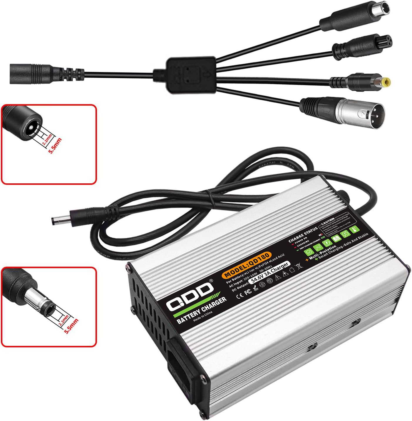 QDD 54,6 V 3 A ładowarka litowo-jonowa, srebrna obudowa aluminiowa z wentylatorem chłodzącym do 13S 48 V 10 Ah 15 Ah 20 Ah 30 Ah 40 Ah akumulator litowo-jonowy z 5 wtyczkami