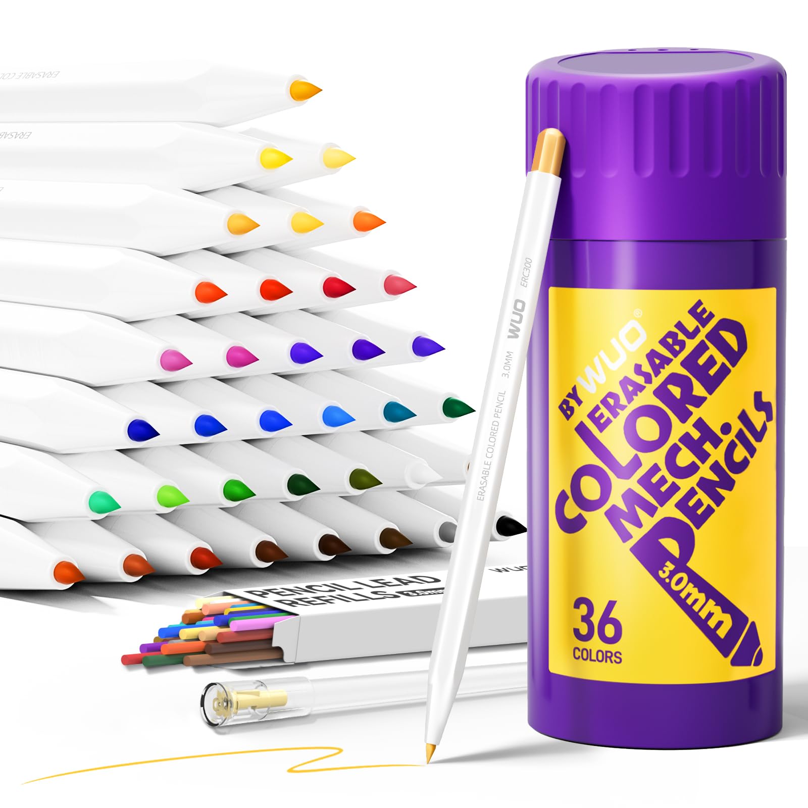 WUO Löschbare mechanische Buntstifte, 36 Farben, 3,0 mm, nachfüllbares Farbstift-Set mit 36 Minen, Spitzer und Etui für Malbücher, Zeichnen, Skizzieren, Kinder und Anfänger