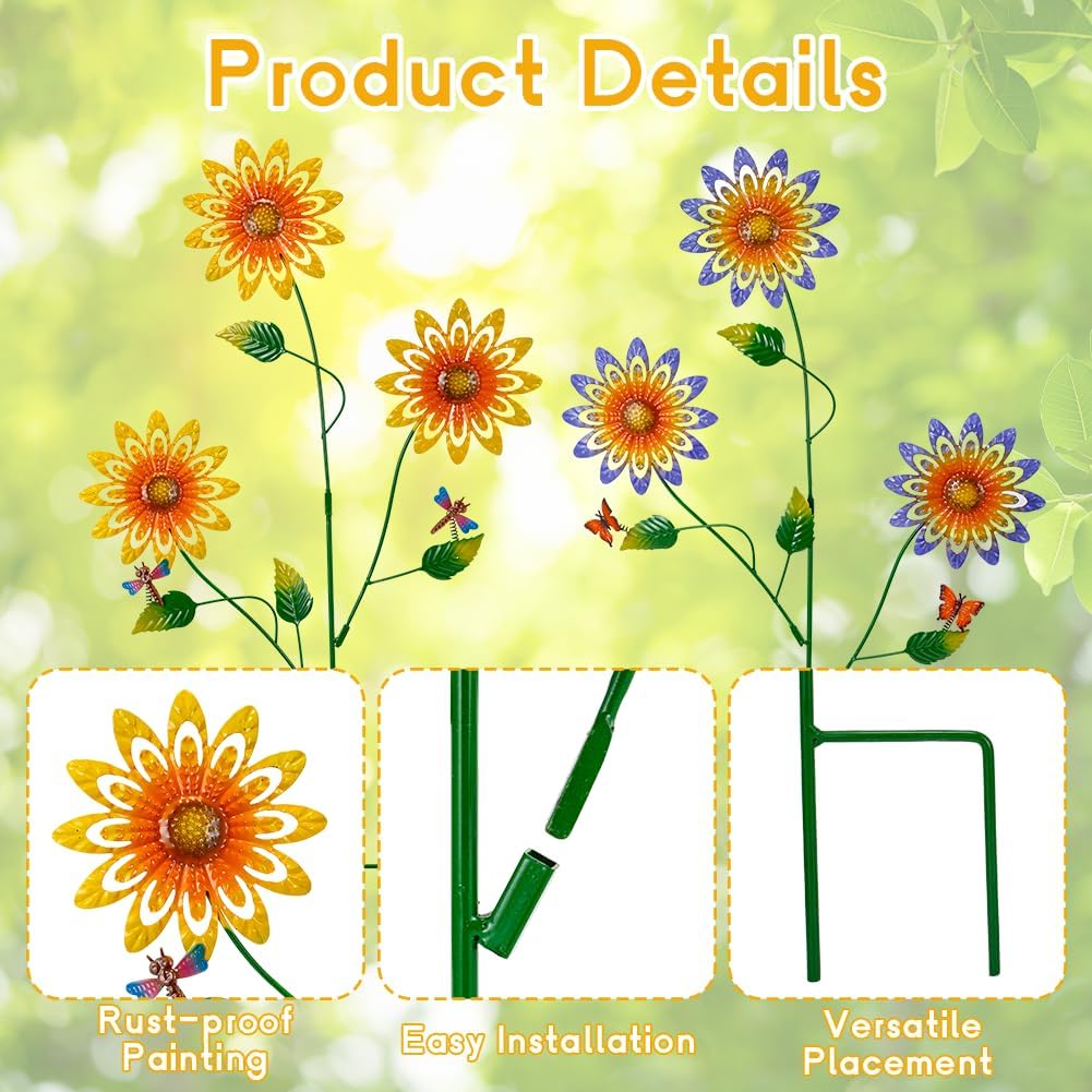 Garden Decor for Outside,2 Pack Metal Yard Art Sunflower Decorative Garden Stakes with Butterfly & Dragonfly for Spring Outdoor Lawn Backyard Porch Patio Decor