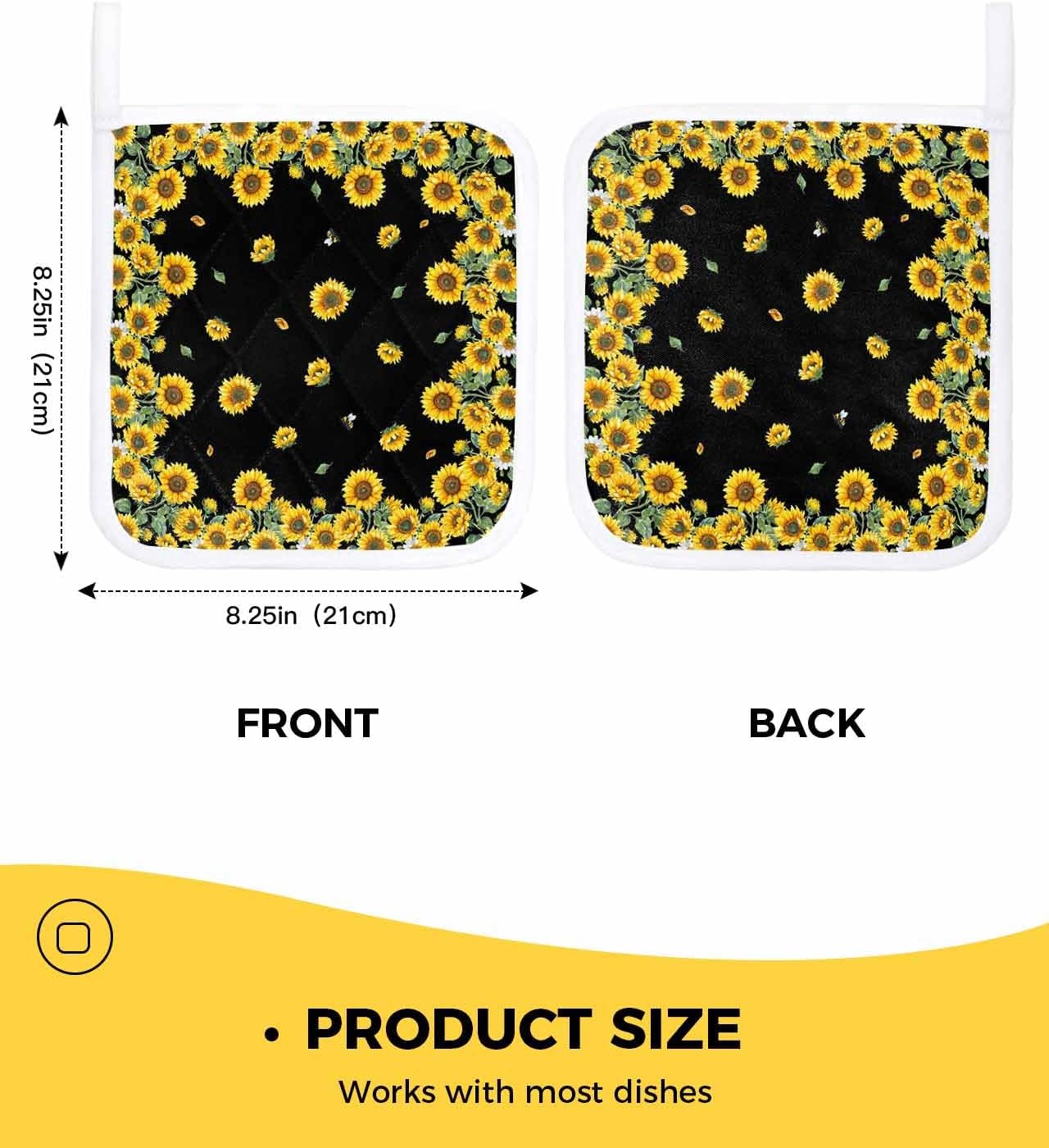 Sunflower Black Pot Holders for Kitchen Heatproof Potholder, 5 Pack Watercolor Floral Vintage Farmhouse Hot Pads Multipurpose Oven Pads Terry Cloth Potholders Trivet for Cooking Baking