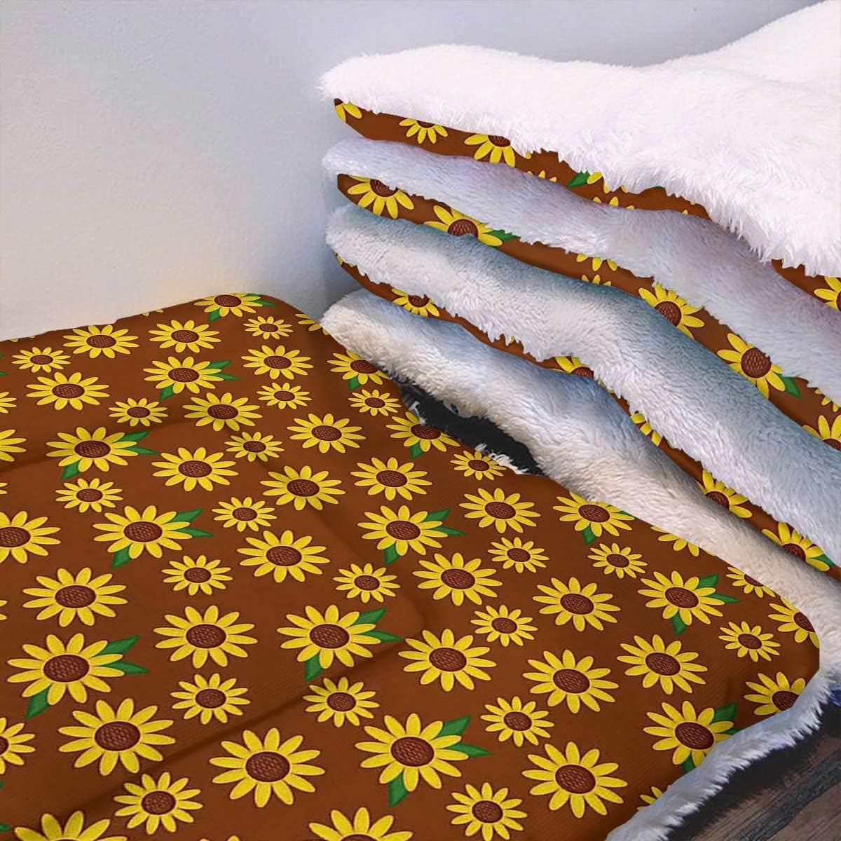 review Brown Yellow Green Thermal Pet Mat Bed Liner Cartoon Blossoms Petals Green Leaves Self Warming Crate Pad with Soft Sherpa Top for Dogs, Cats, Pets by Sunflower 18