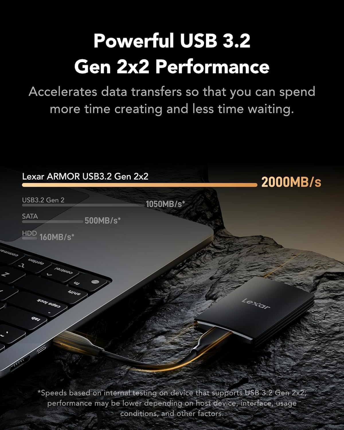 LEXAR AR700 Portable SSD 2TB | 2000 MB/s Lesegeschwindigkeit mit IP66-Bewertung und 256-Bit-AES-Verschlüsselung für PC, Mac und iPhone 15
