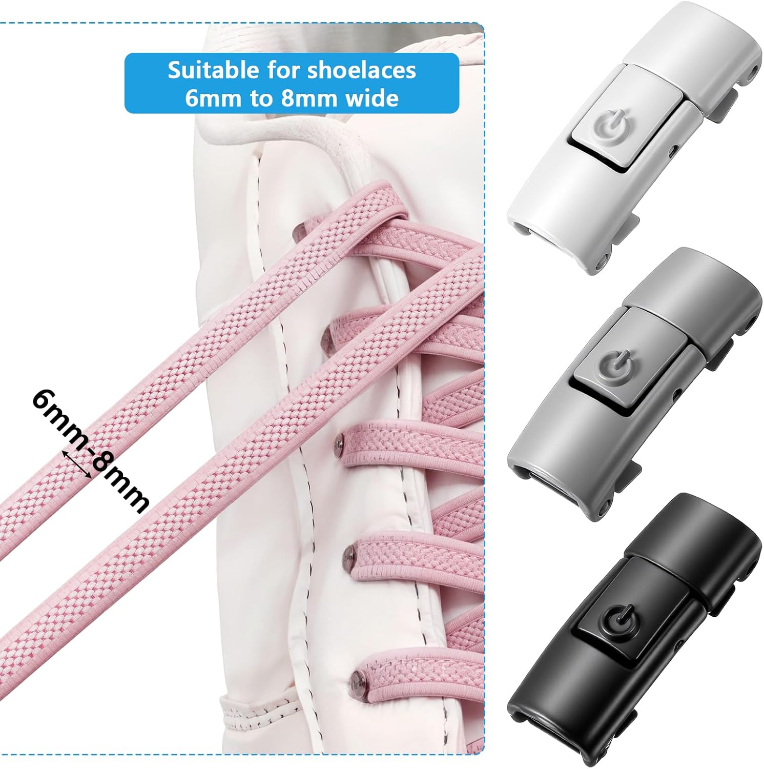 6 PCS Shoelaces Buckle Lock, No Tie Lazy Elastic Magnetic Shoelace Buckle Switch Solution for Kids Adults (Black, White, Gray) - Image 6