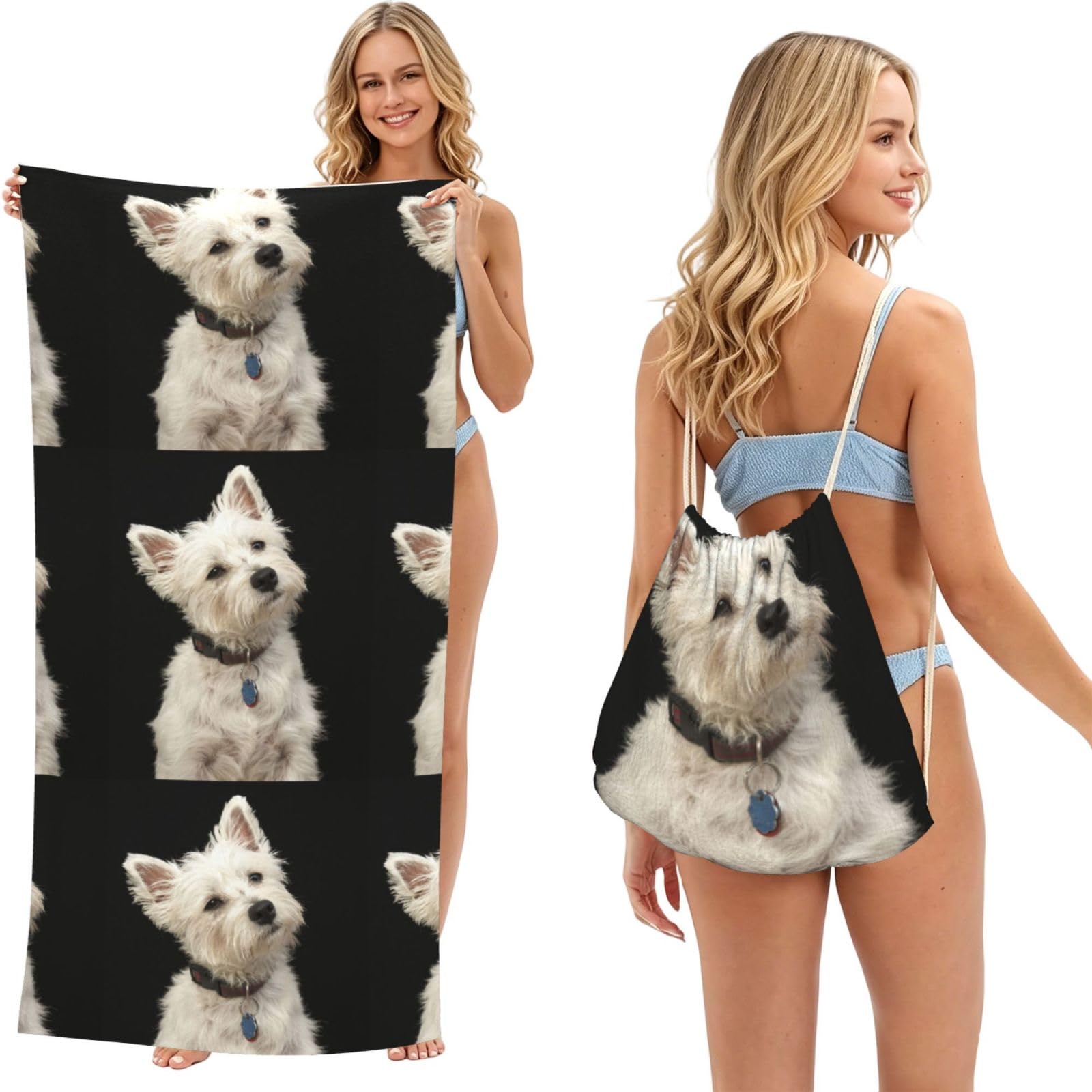 Poadnly As Picture West Highland Terrier With Collar, 2 In 1 Packable Towel Bag, Beach Towels With Drawstring Backpack For Travel Holiday Camping