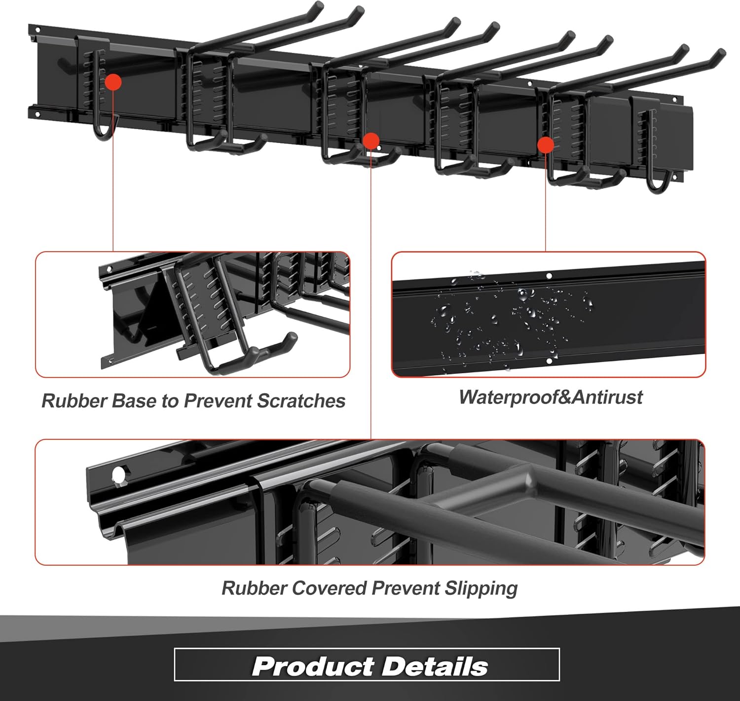 Sttoraboks Garage Tool Storage Rack, Heavy Duty Garage Storage Organizer Rack System Wall Mounted Tool with 6 double hooks, 2 rails