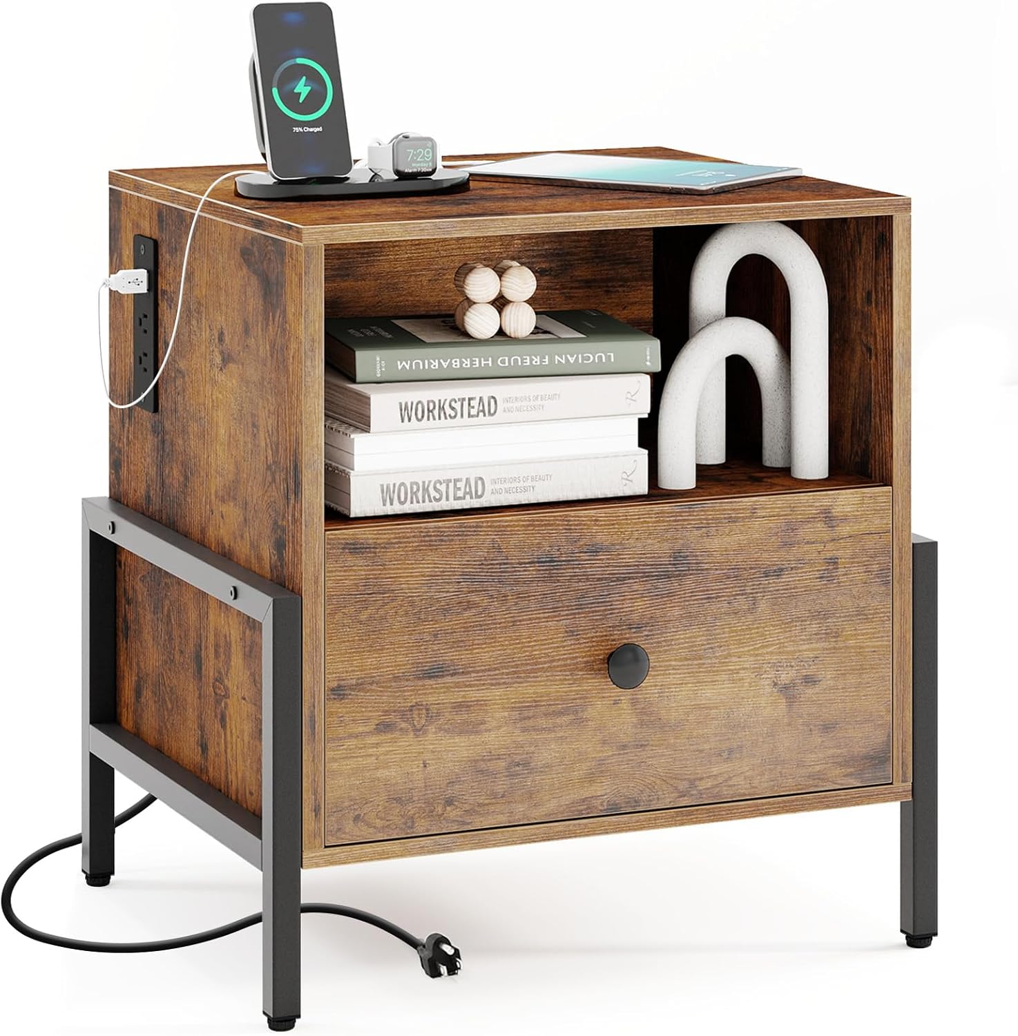 KOMFOTT Nightstand with Charging Station, Bedside Table with Drawer & Storage Shelf, Metal Frame, AC Outlet, USB & Type-C Port, Sofa Side Table for Small Space, Bedroom (Rustic Brown,1)