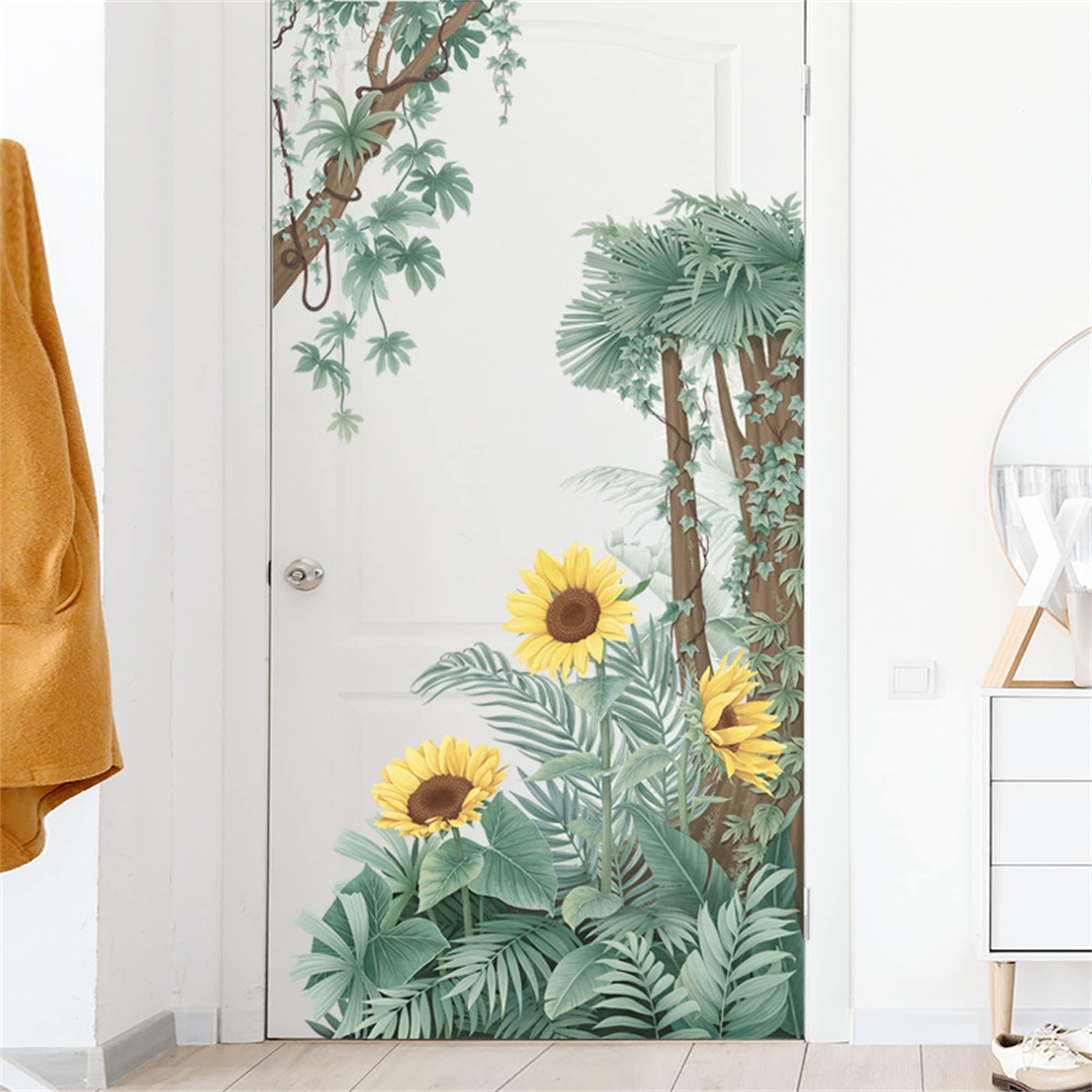 Tropical Leaf Green Leaves Ivy Sunflower Wall Decals Monstera Palm Tree Leaf Plants Wall Stickers Bedroom Living Room TV Wall Door Decor Murals (Tropical Leaf Green Leaves Ivy Sunflower)