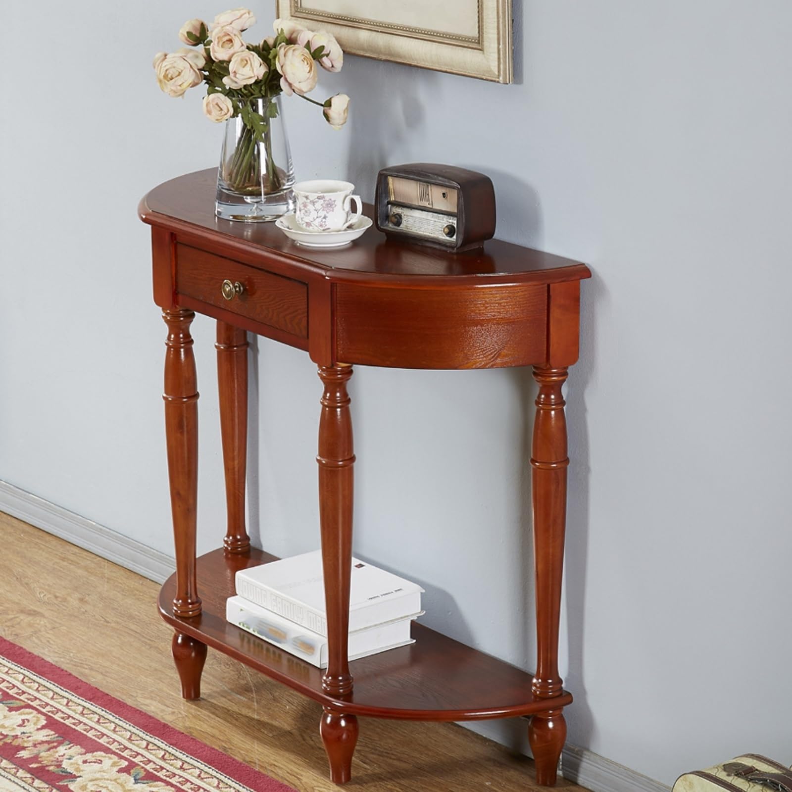 Tavolo consolle vintage semicircolare cassetto, Elegante tavolino d’accento | Tavolino d’accento in legno per soggiorno con ripiano portaoggetti, Mobile decorativo tradizionale(Cherry,100cm/39.4in)