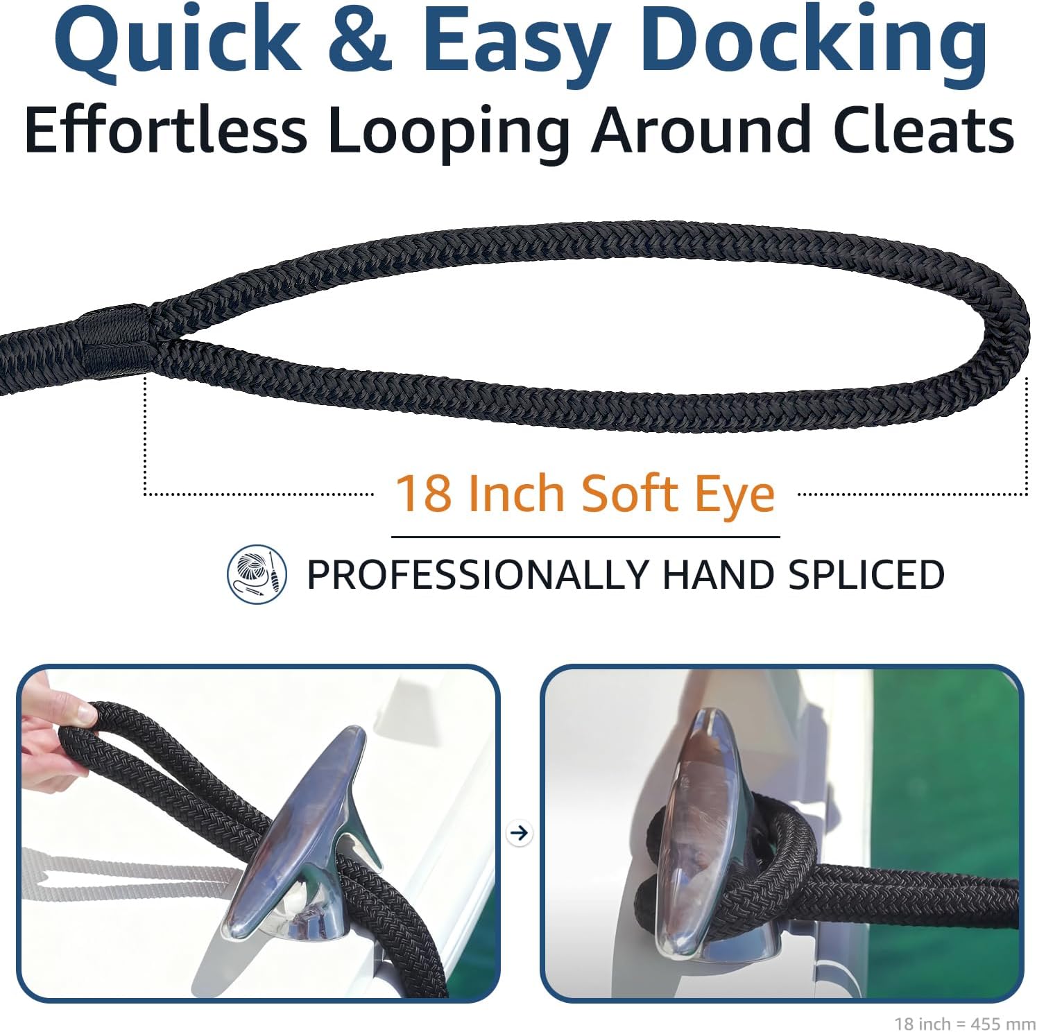 Boat Dock Lines 3/4" x 50ft - Double Braided Nylon Boat Ropes for Docking with 18" Loop, Marine-Grade High Strength Boat Lines Dock Rope, Premium Marine Rope Mooring Lines, Heavy Duty - 2 Pack, Black