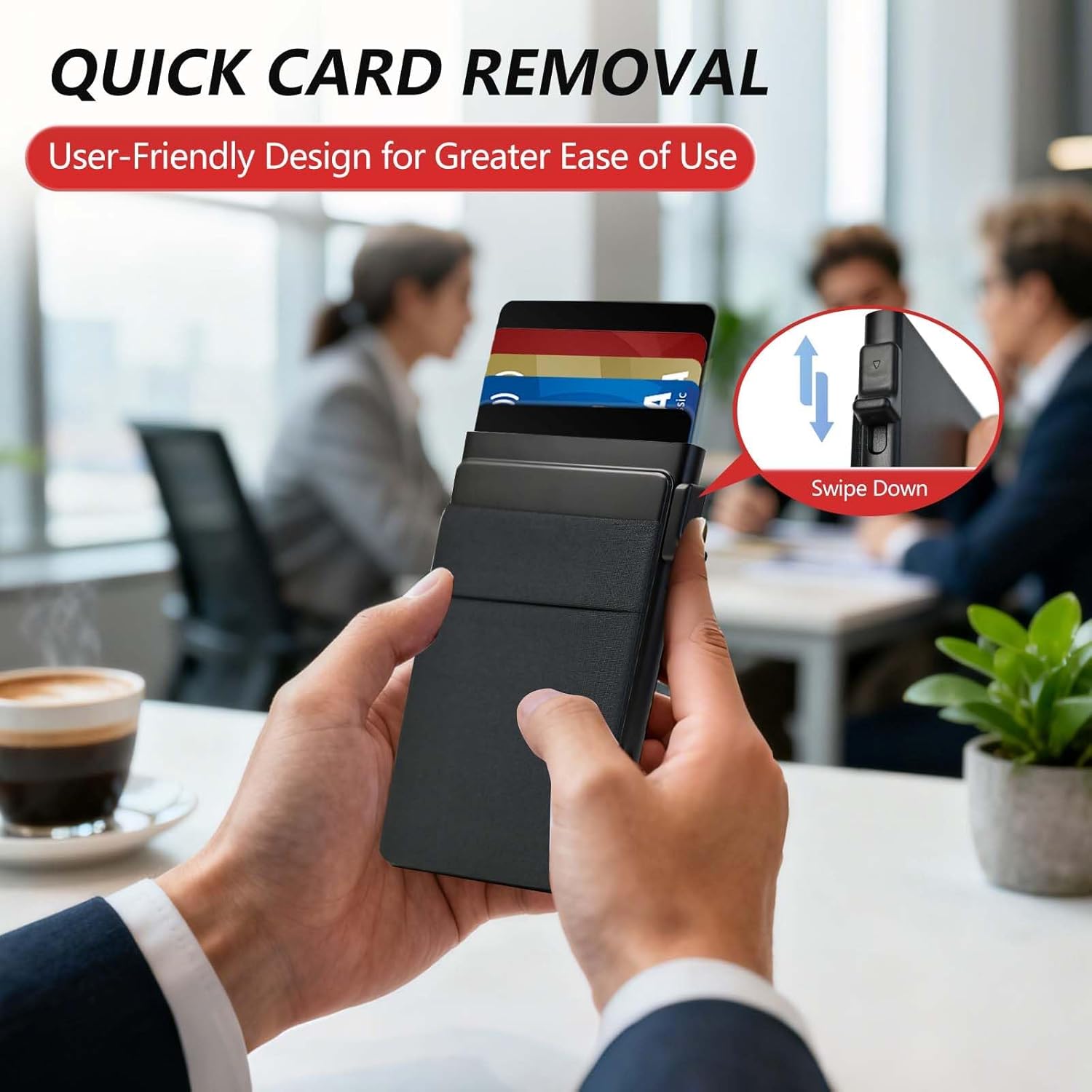 Slim Wallet for Men, Pop up Card Holder with Money Pocket RFID Blocking, Minimalist Business Aluminum Credit Card Wallet Case for Notes and Coins and Debit Cards (BLACK) - Image 3