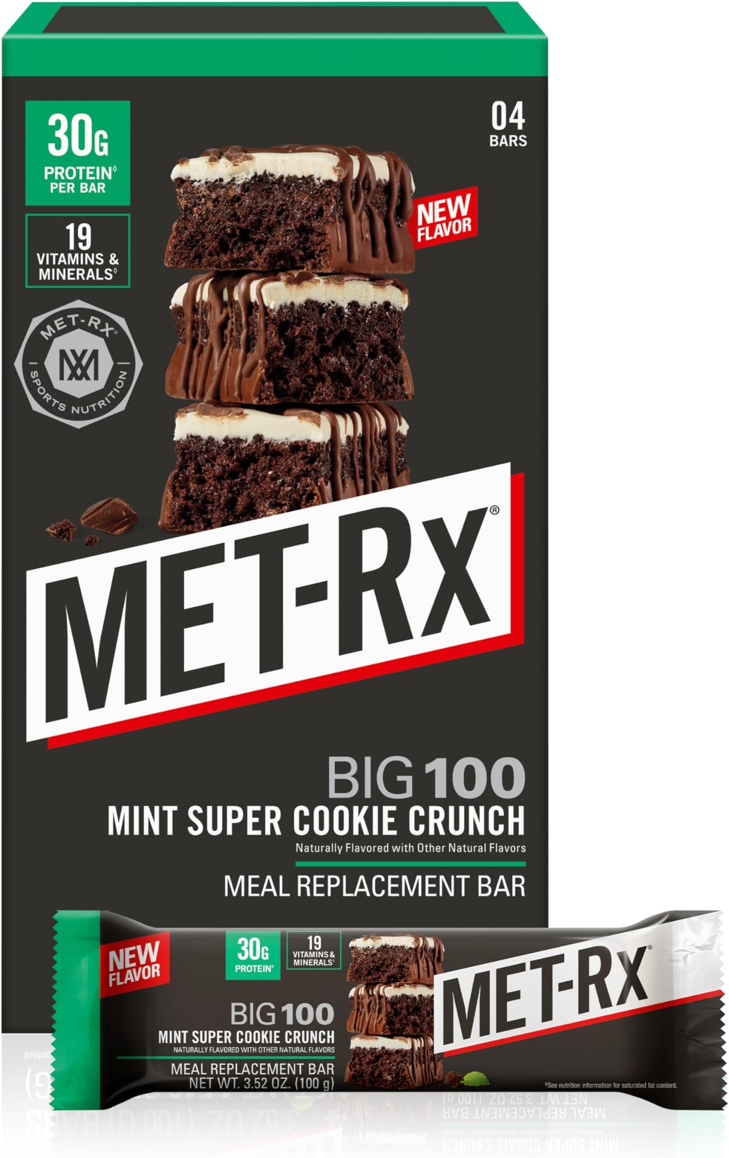 Big 100 Colossal Protein Bars, Mint Super Cookie Crunch, Meal Replacement Bars, 4 Count