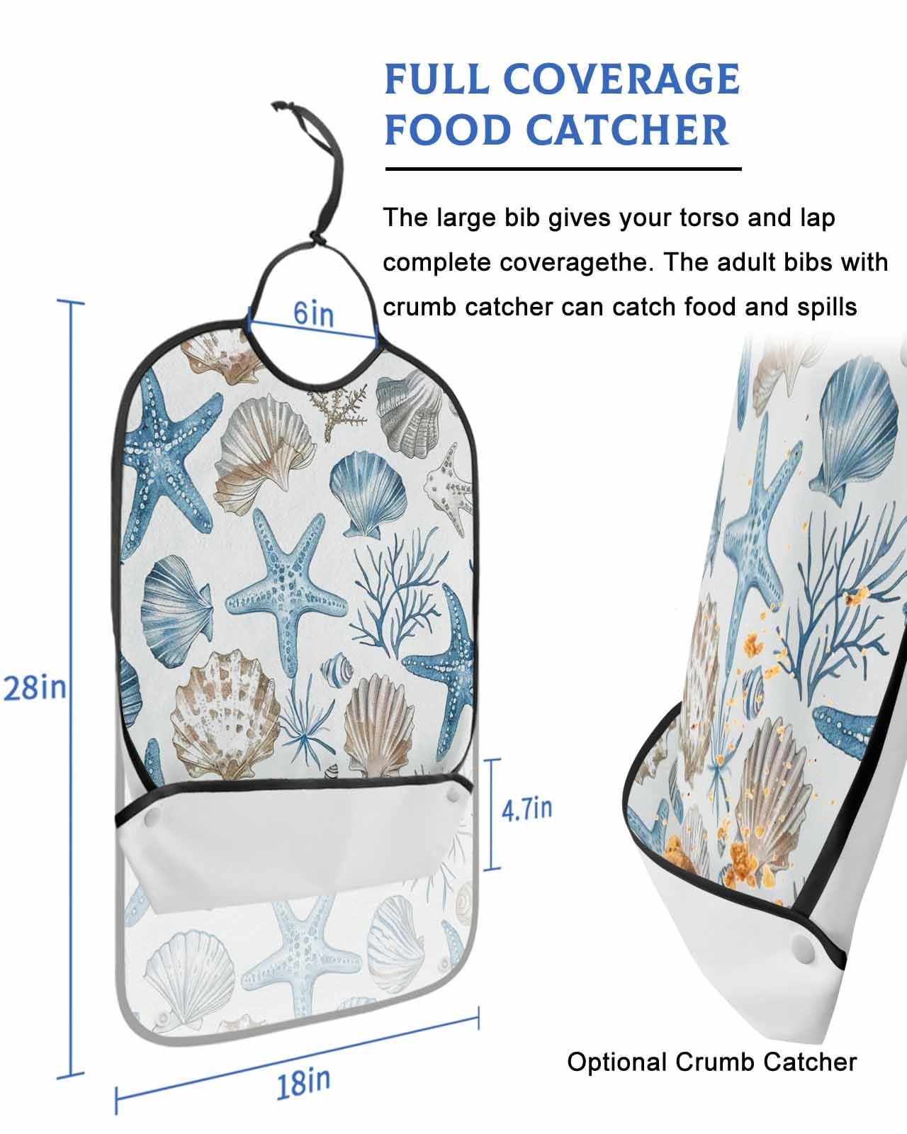 Nautical Coastal Adult Bib for Adults Men,Women,Retro Blue Starfish Shell Conch Marine Seaweed Washable & Adjustable Terry Cloth Bib with Crumb Catcher Reusable Clothing Clothes Protector Apron