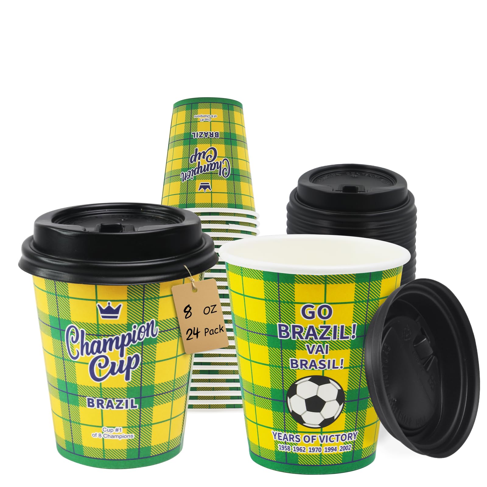 237 ml 24-Set Football Party Cups with Lids - World Cup Champion Brazil