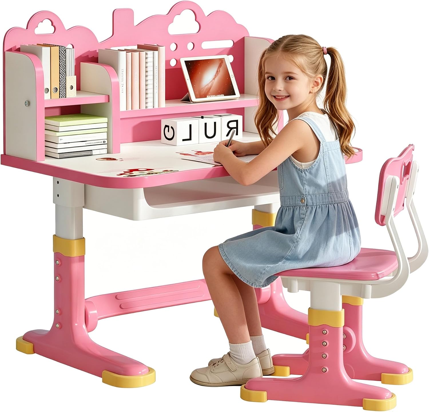 Kids Study Desk and Chair Set – Height Adjustable Study Writing Table with Bookstand and Storage Drawer, Child’s School Study Writing Tables Ergonomic Widened Desktop Art Desk for Boy & Girl (Pink)