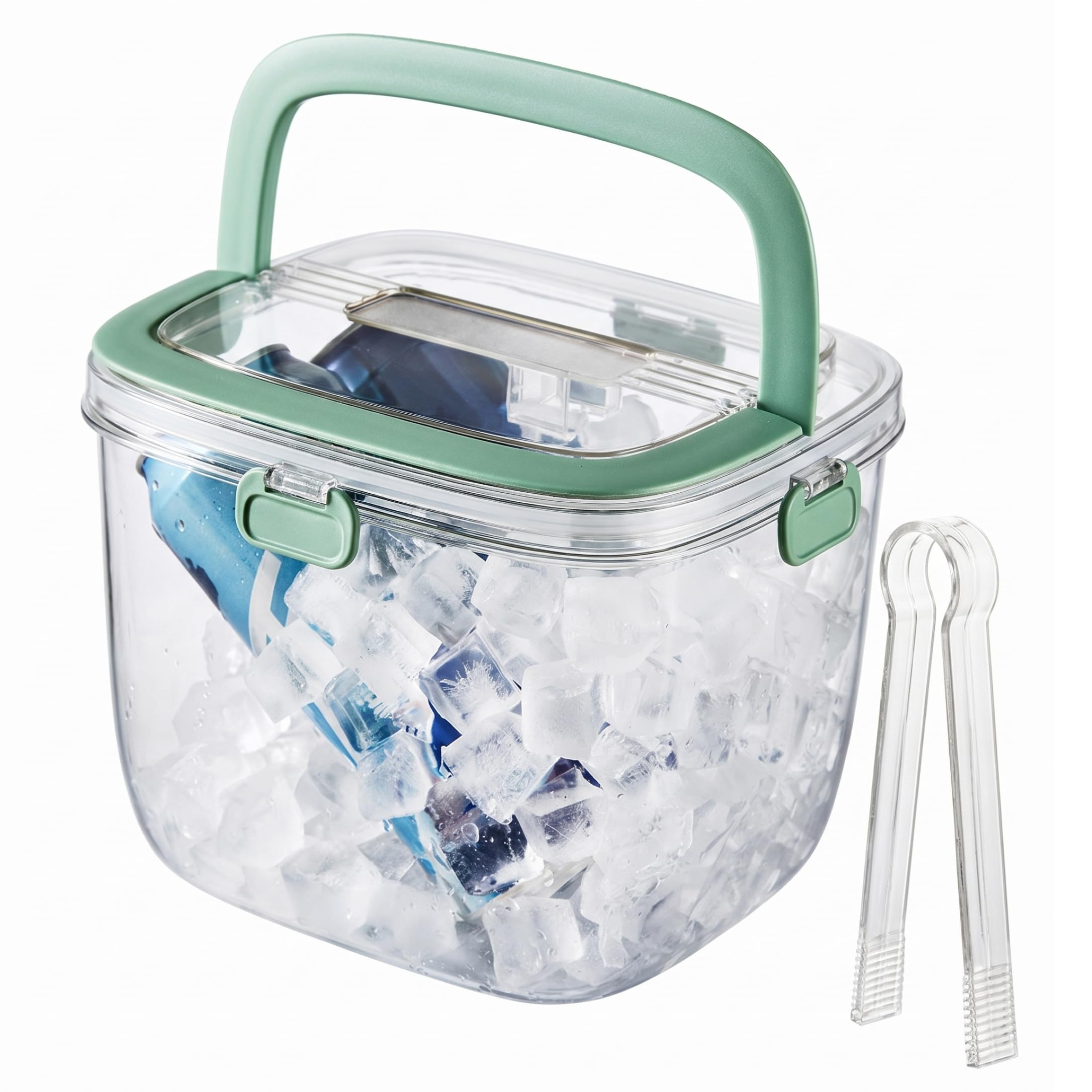 Neptuiby Ice Bucket for Freezer, Ice Cube Bin with Insulated Layer & Tongs Portable Freezer Bin for Picnics, Beach, Parties, Home, Green.