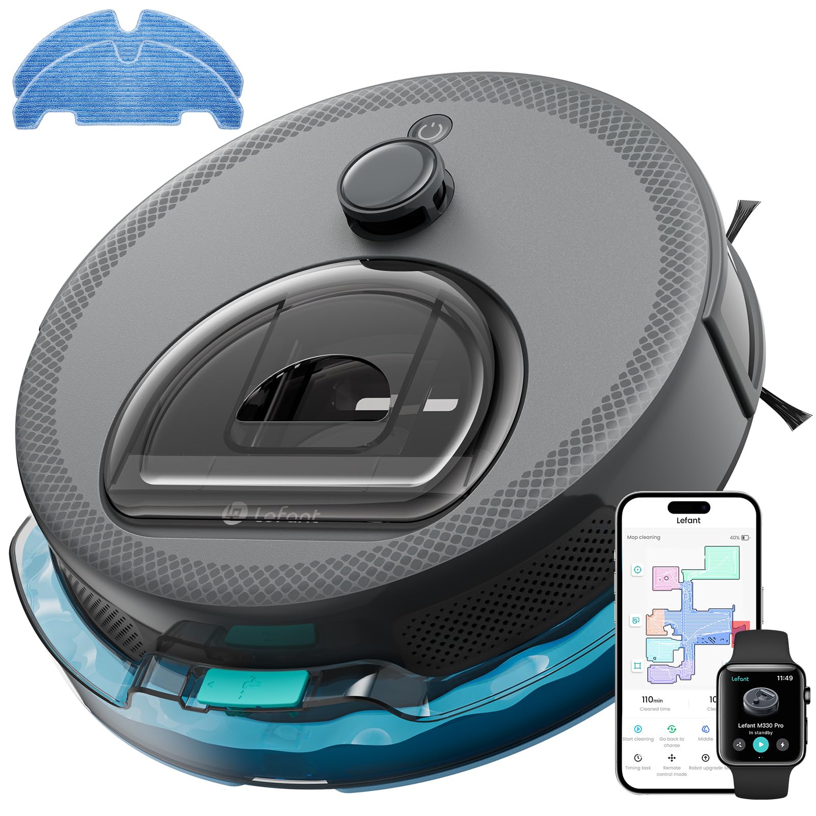 LEFANT M330 Pro Robot Aspirador y Fregasuelos con Mapeo 3 en 1, Navegación dToF, 5000Pa, Diámetro 28cm, Evitación de Obstáculos PSD 190°, App/Alexa/i Watch, Ideal para Pelo Mascotas y Alfombras, Gris