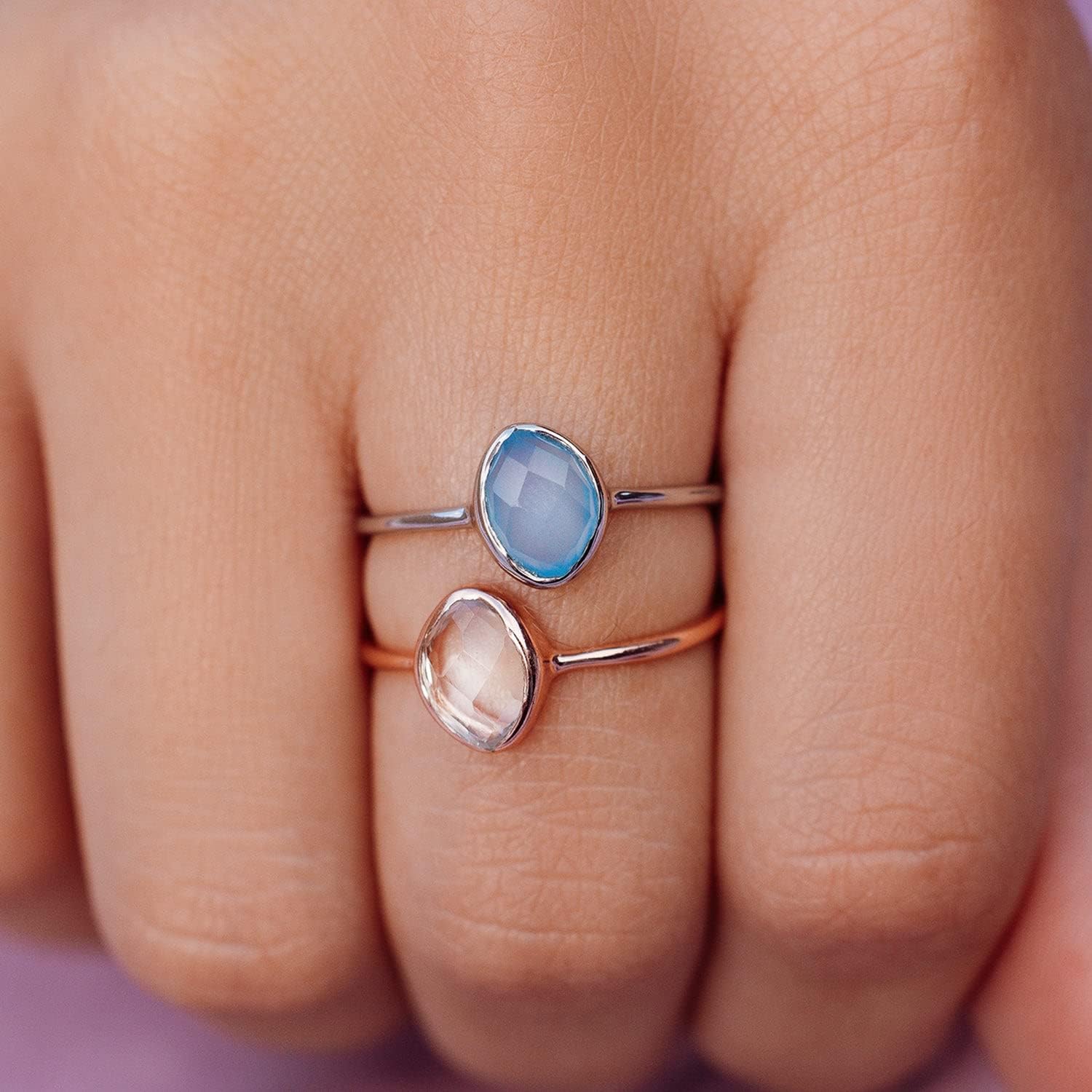 Pura Vida Organic Stone Ring - Handmade with Blue Chalcedony, Brass Base with Rhodium Plating - Women's Cute Boho Ring