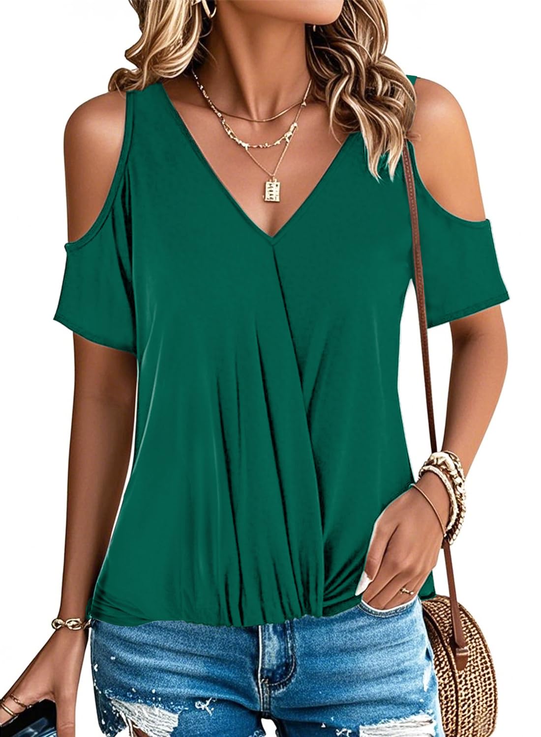 LEIYEE Womens Summer Cold Shoulder Tops Sexy Casual Short Sleeve V Neck Cute Front Knot Ruched Shirred T Shirt Blouse