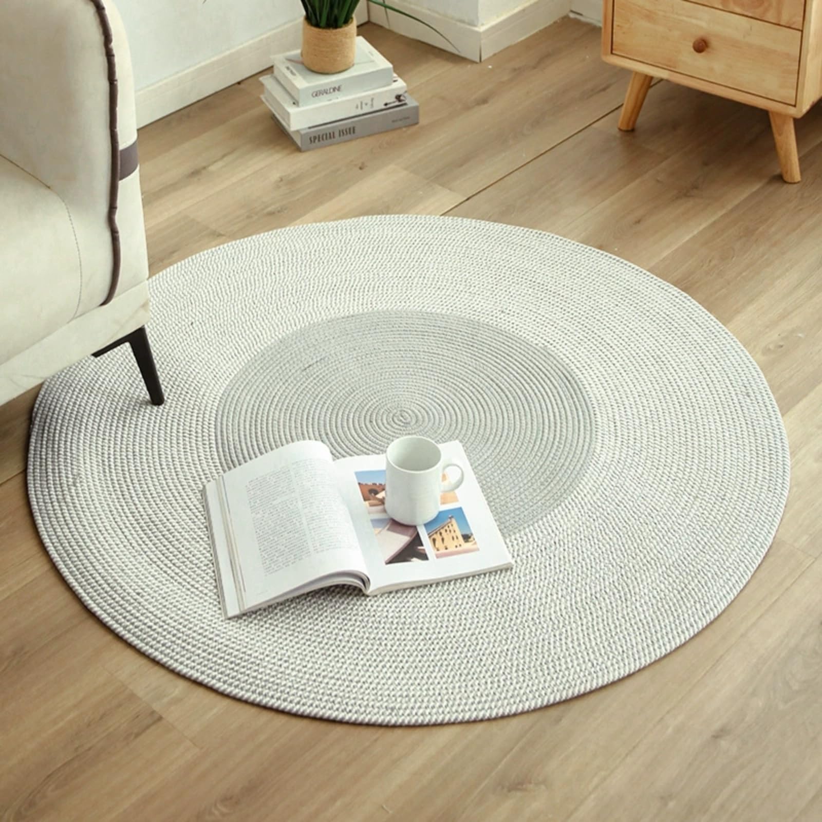 Generico 1 pz Tappeto rotondo in iuta intrecciato a mano, beige, reversibile, for soggiorno, cucina,decorazione for pavimento(01,120x120cm)