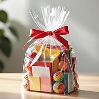 Vista 4 de Morepack Bolsas de celofán de fondo plano, 100 unidades, 10 x 4 x 14 pulgadas, bolsas de regalo de celofán de fondo plano transparente con lazos
