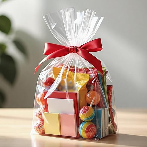Miniatura 4 de Morepack Bolsas de celofán de fondo plano, 100 unidades, 10 x 4 x 14 pulgadas, bolsas de regalo de celofán de fondo plano transparente con lazos
