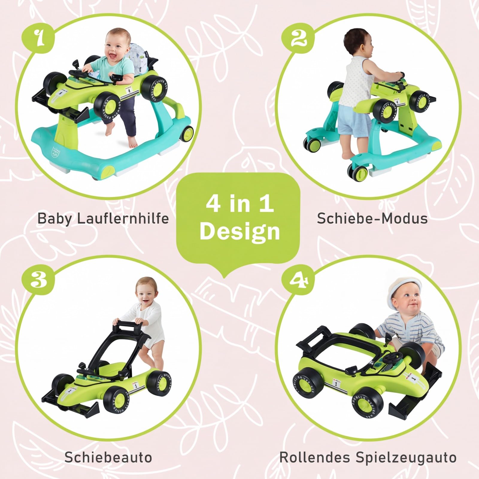 COSTWAY Pomoc do nauki chodzenia 4 w 1, wózek do nauki chodzenia, składany, z regulowaną wysokością i prędkością, w kształcie samochodu z pozytywką, światłem i kółkami, bez chodzenia dla niemowląt od