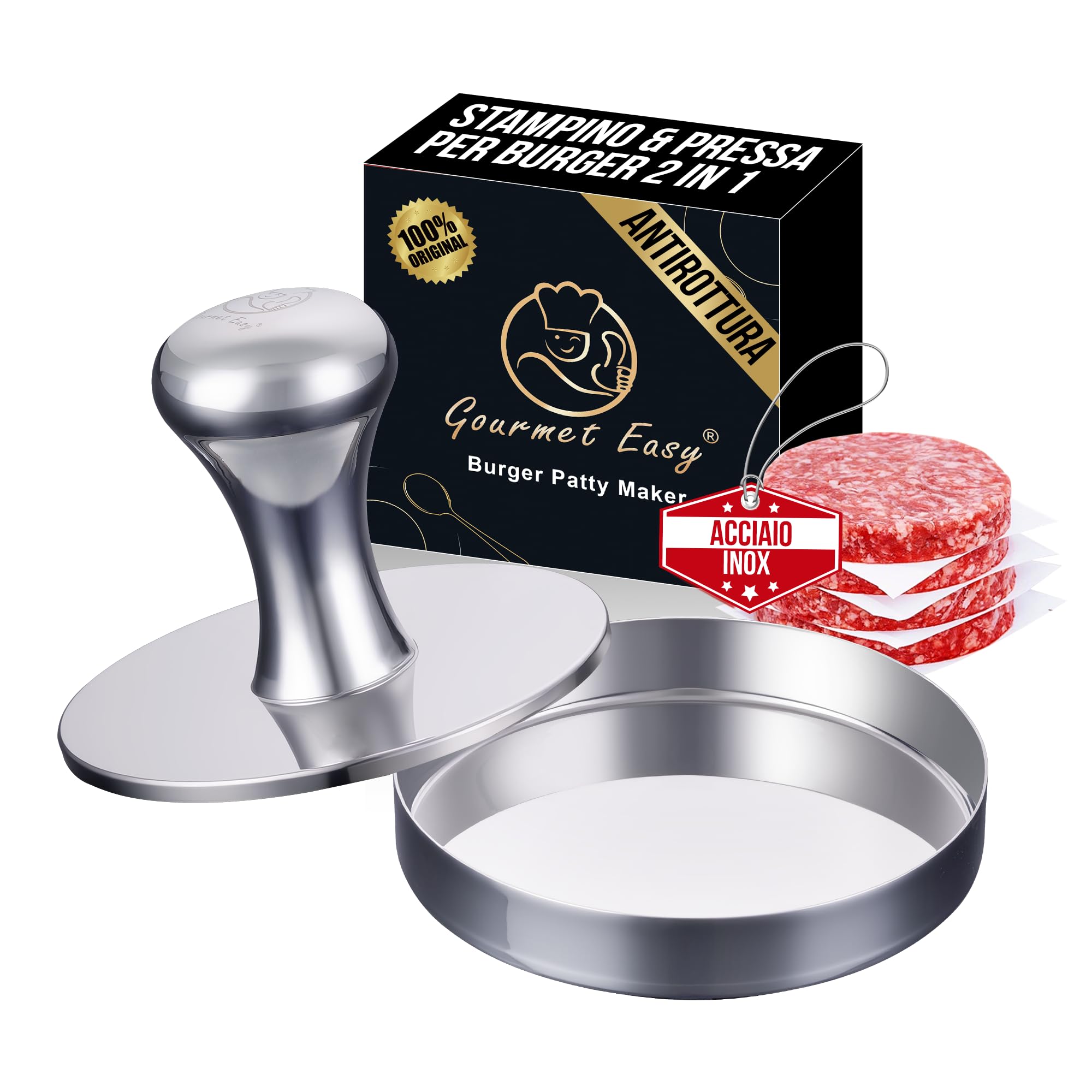 Pressa per hamburger in acciaio inox 2 in 1 | con carta antiaderente inclusa | Perfetta per burger e hamburger | Robusta | lavabile in lavastoviglie | Finitura lucida