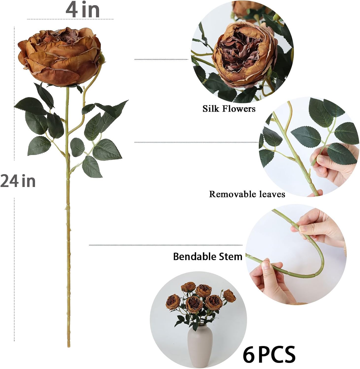 mizii 6Pcs Burnt Orange Artificial Roses Flowers Fake Silk Roses Flower with Long Stem for Wedding Decorations Table Centerpieces Flower Arrangement Home Decor (Burnt Orange)