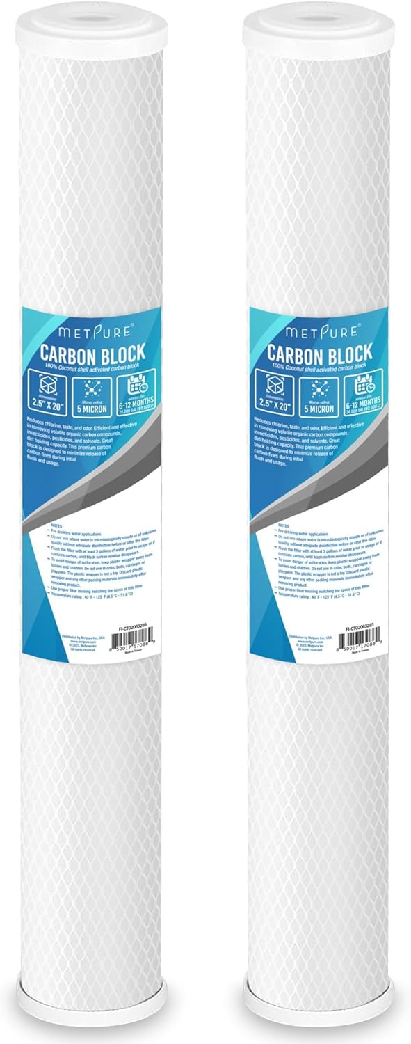 Metpure 20” x 2.5” Whole House Carbon Water Filter Cartridge Replacement - 5 Micron Coconut Shell Activated Carbon Block CTO 20-inch. Universal, Compatible with Pentek, and more. 2 Pack