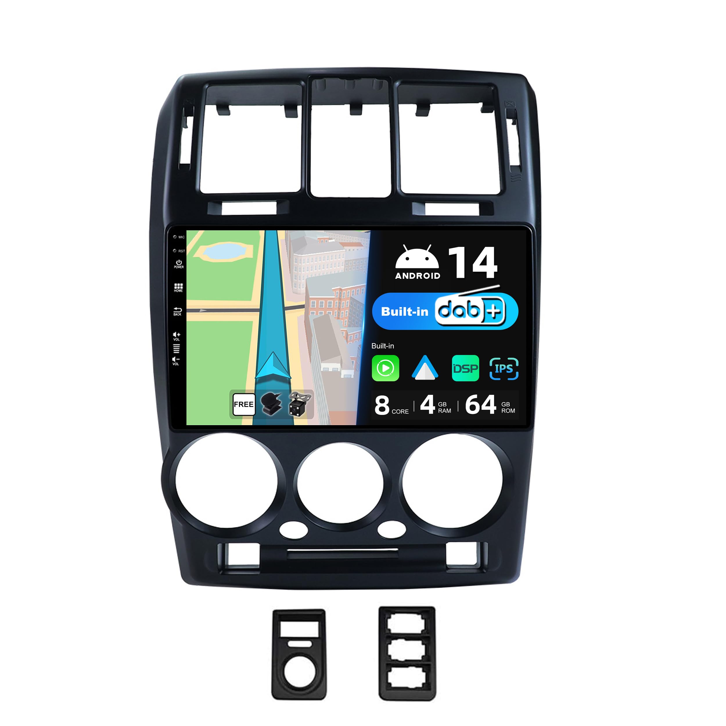 Radio samochodowe z systemem Android 14 IPS – [wbudowany DAB] – pasuje do Hyundai Getz (2002-2011) – bezprzewodowy Carplay/Android Auto – 4G + 64 G – kamera + mikrofon – 9 cali 2 DIN – SWC DSP
