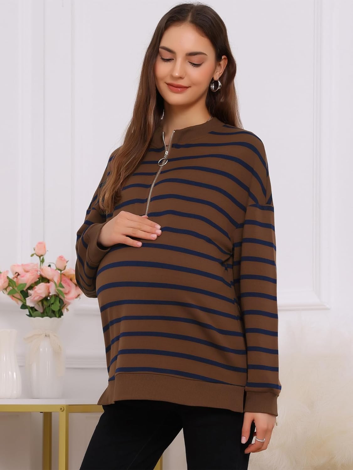 Womens Maternity Sweatshirt Striped Mock Neck Long Sleeve Half Zip Side Slit Pregnancy Nursing Tunic - Image 6