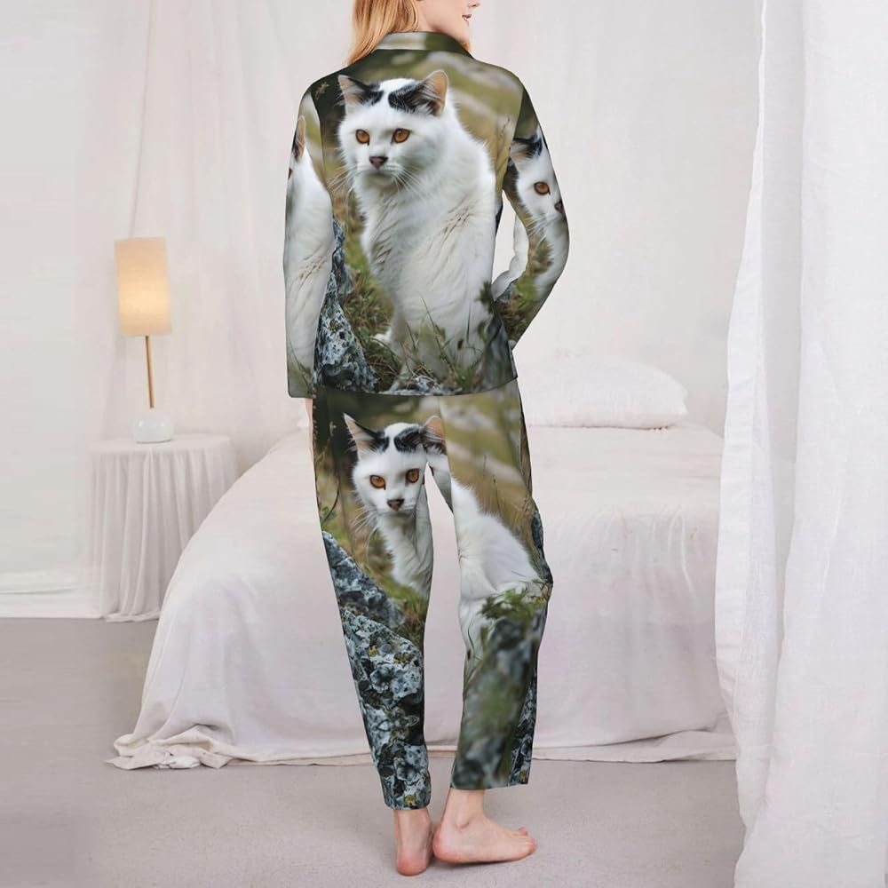 YIJIU Women's Cute Cat Print Pajama Set - Short Sleeve Top & Capri Pants, Soft Polyester, White XX-Large - View #12