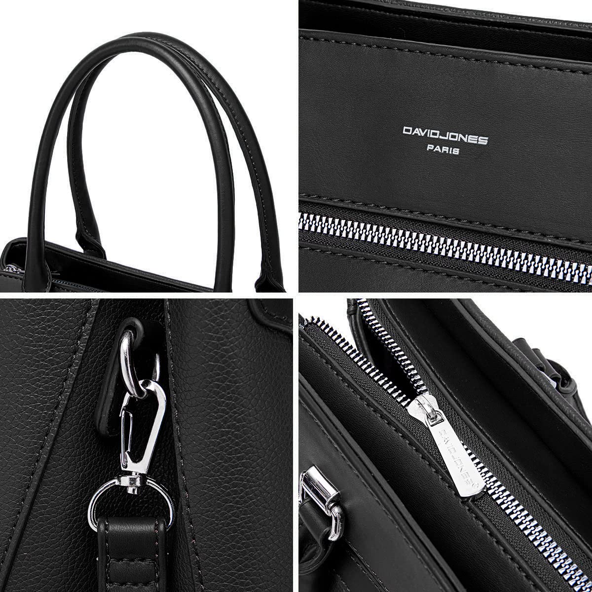 David Jones - Borsa a Mano Donna Elegante - Borsa a Spalla Simil Pelle PU - Borsa a Tracolla Tote Shopper Bag - Moda Città Signora Tendenza - Nero
