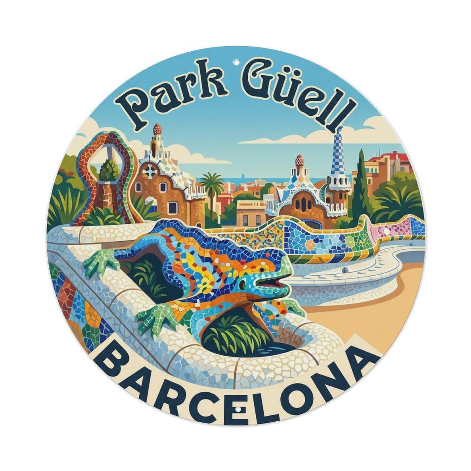 Barcelona Park Guell Mosaic Landmark Retro Travel Vintage Metal Tin Sign Plaque Wall Decor for Cafe, Man Cave, Club Bar, Office, Home Garden Round Metal Poster 8x8Inch