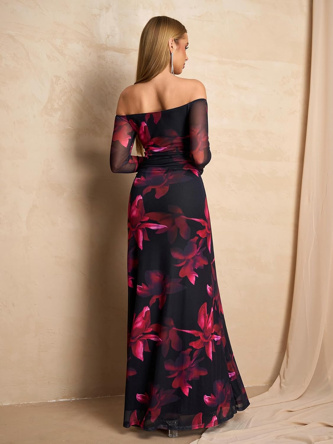 Women Fall Long Sleeve Floral Bodycon Maxi Dress Sexy Off Shoulder Ruched Wedding Guest Formal Party Long Dresses - Image 2