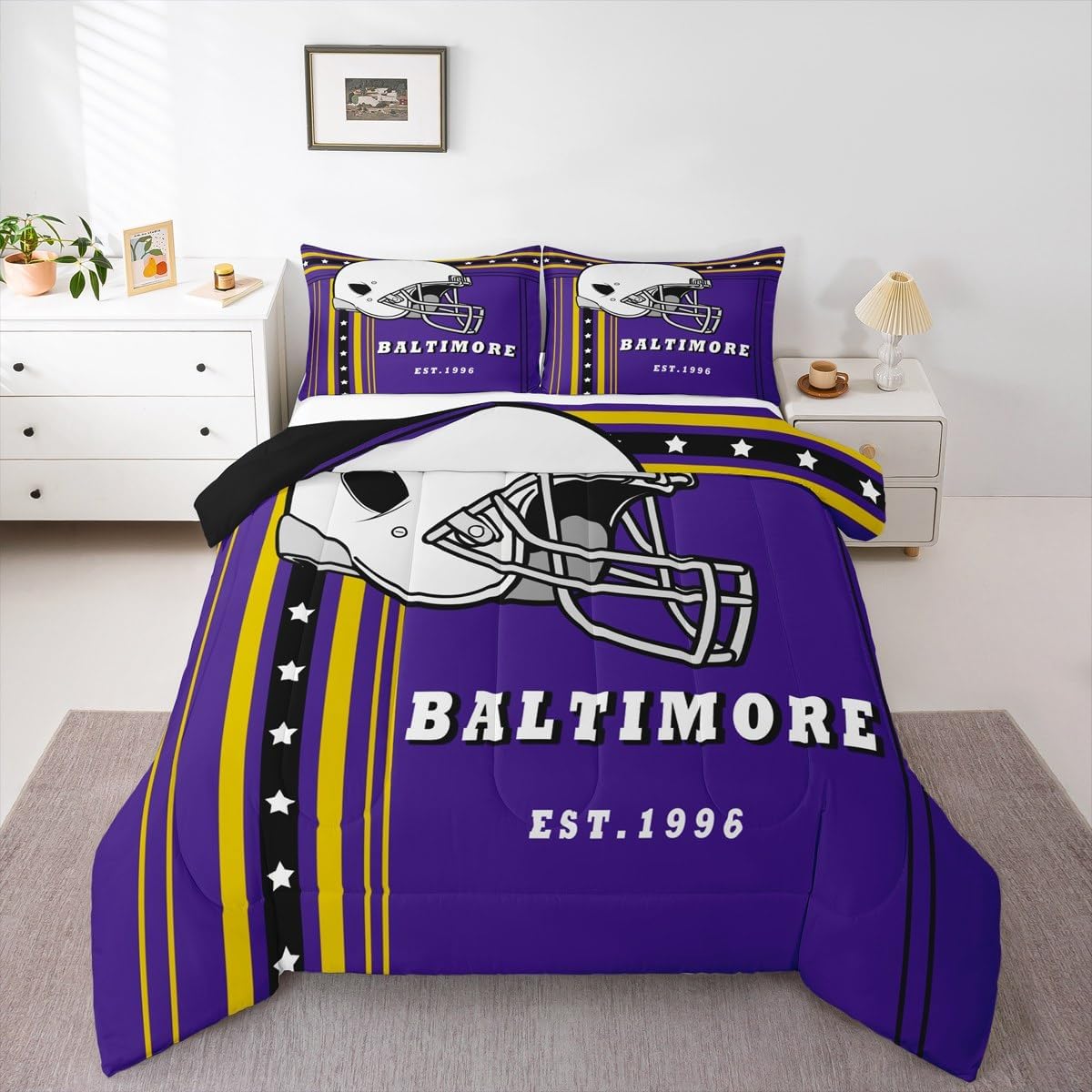 Erosebridal Football Full Size Comforter Sets - Sports Team Color Bedding, Purple & Gold Striped Stars Bedding Set, Classic Rugby Game Duvet Insert, Sports Fans Gifts | Football Room Decor