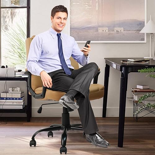 Miniatura 8 de CLATINA Silla de oficina marrón, sillas de computadora de cuero PU, sillas de oficina ejecutivas, silla giratoria de altura ajustable con tapicería