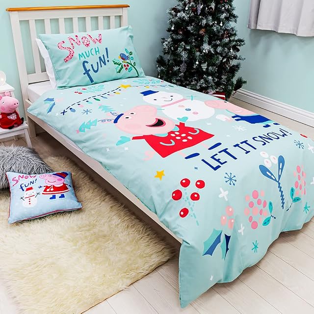 Peppa Pig Officially Licensed Single Duvet Bedding Cover Set | Blue Snowman Design, Reversible 2 Sided Design, Perfect For Any Childrens Bedroom