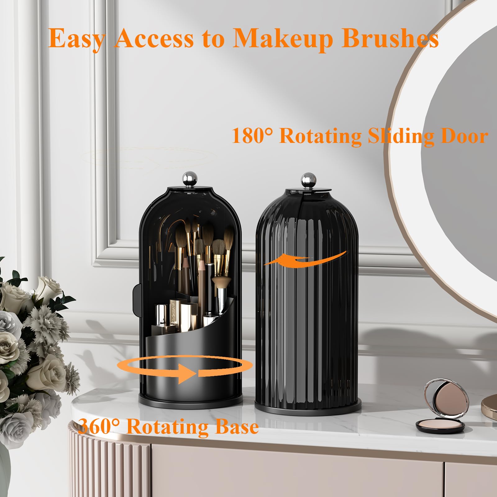 Porta pennelli da Trucco con Coperchio, Girevole a 360°, Organizer per Cosmetici da appoggio, Antipolvere, per Bagno, Trasparente (Nero Scuro)